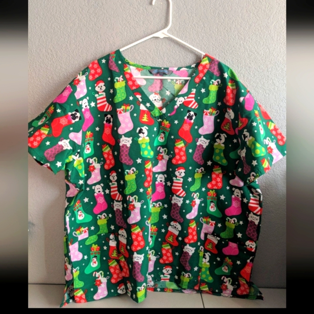 Women's Holiday Christmas Medical Office Uniform Scrub Top Pet Stocking Costume